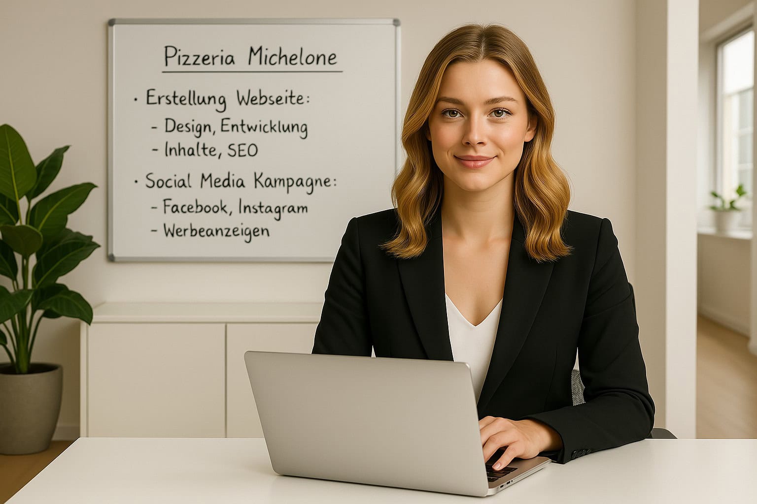 Mira Nova – Digitale Assistentin bei PromoConnect, typische Szene aus dem Alltag im Büro mit Laptop am Schreibtisch.