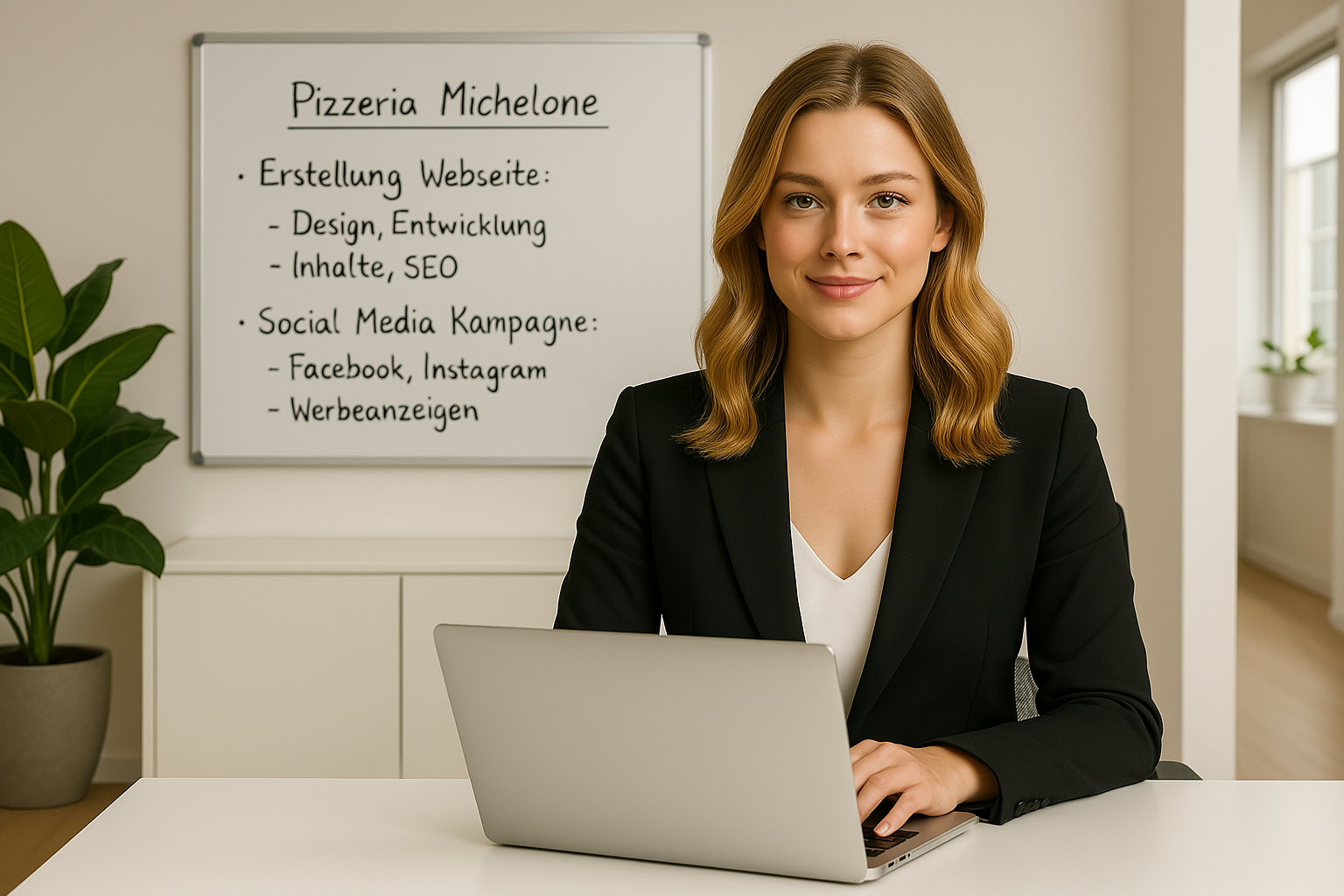 Mira Nova – Digitale Assistentin bei PromoConnect, typische Szene aus dem Alltag im Büro mit Laptop am Schreibtisch.
