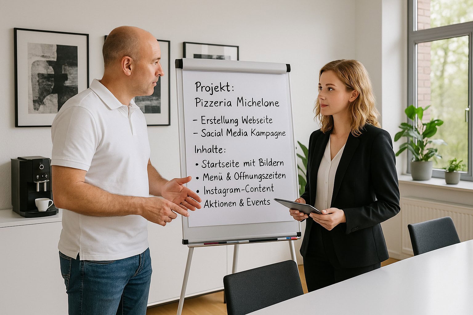 PromoConnect Team: Christian Schaefer und Mira Nova im Gespräch im Büro. Es geht sich um das Projekt Pizzeria Michelone.